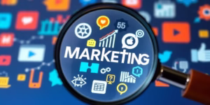 Magnifying glass over digital marketing icons.