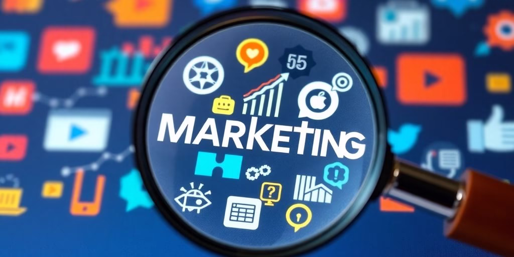 Magnifying glass over digital marketing icons.