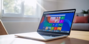 A laptop displaying educational content with a light background.