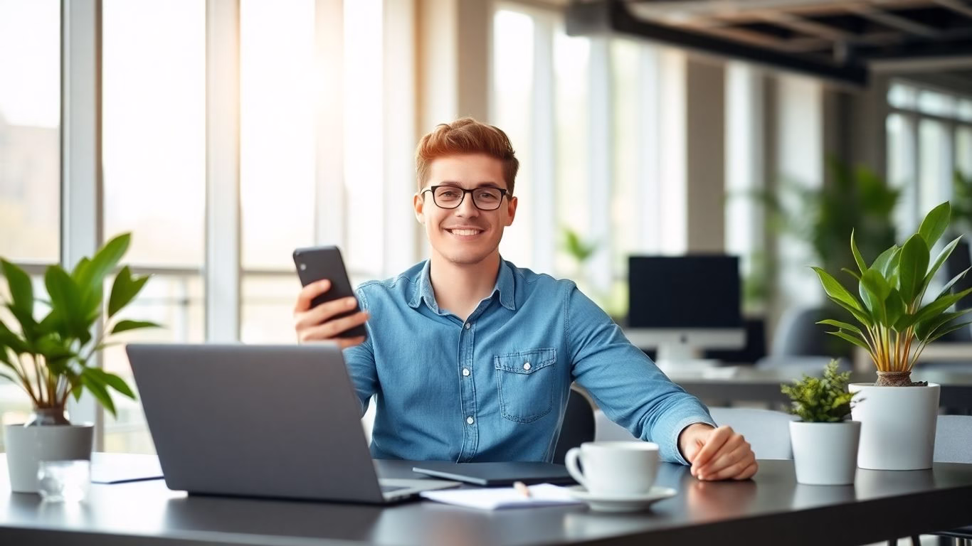 Young entrepreneur at workspace with modern devices and coffee