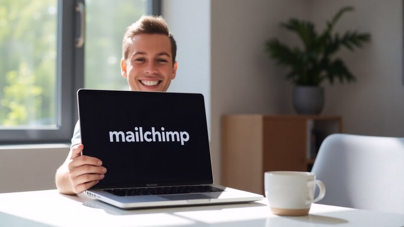 Person with Mailchimp laptop, coffee, and sunlight.