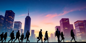 Modern city skyline with professionals walking.